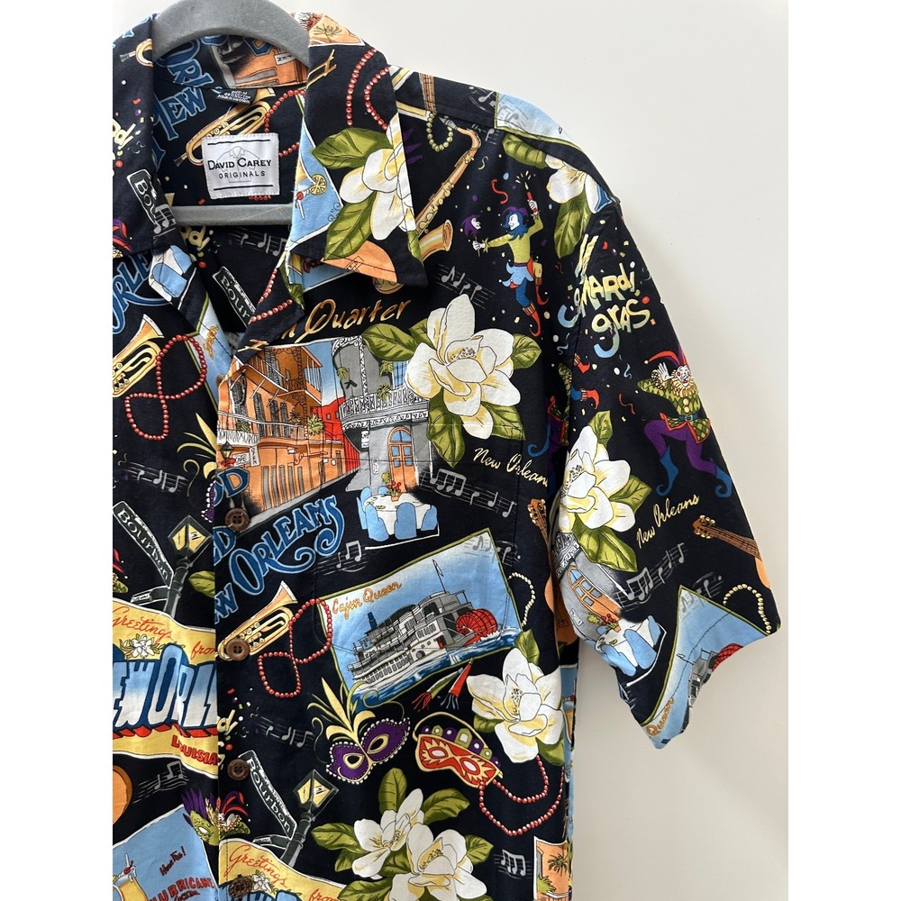 David Carey New Orleans Camp Shirt Black Button Up Collared Short Sleeve Mens M - Picture 11 of 15
